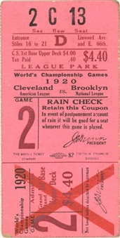 1920 World Series Game 5 Cleveland Indians vs. Brooklyn Robins Ticket Stub - Bill Wambsganss Unassisted Triple Play and Elmer Smith First-Ever World Series Grand Slam 